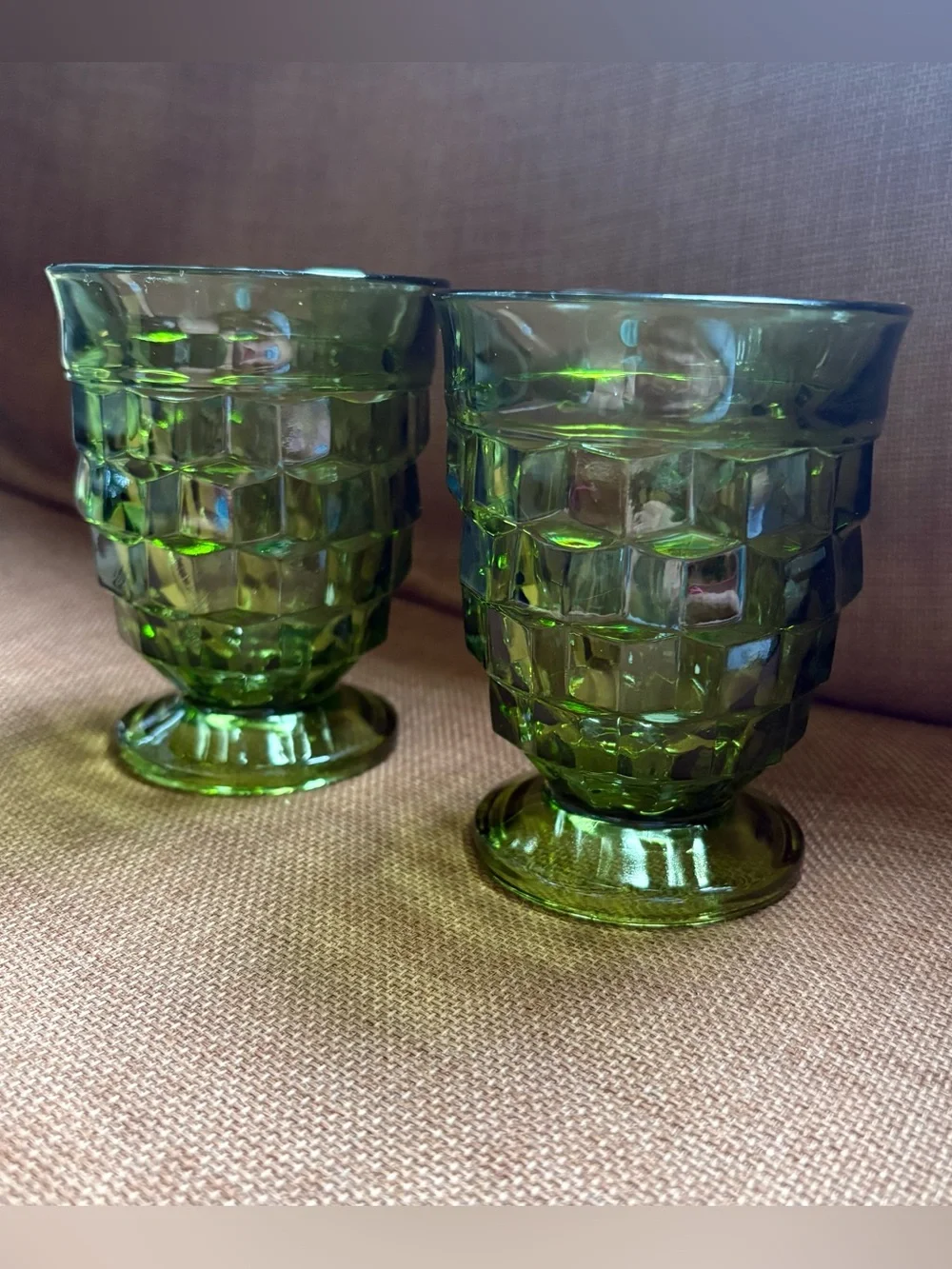 Vtg 60s Indiana Glass Whitehall Colony Cubist Avocado Green Footed 9 Oz Glasses